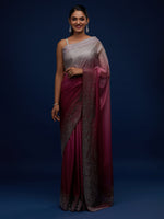 Thumbnail for Koskii Maroon & Silver-Toned Ombre Embroidered Tissue Saree - Distacart
