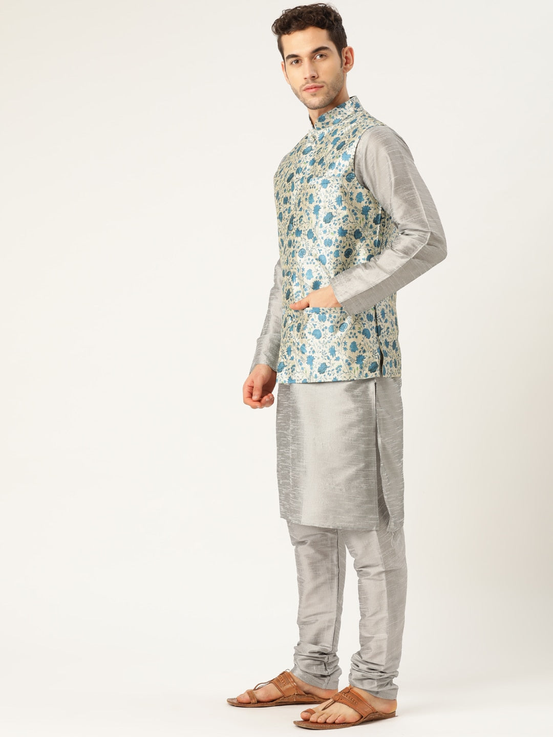 Sojanya Men Grey & Blue Solid Kurta Set with Nehru Jacket - Distacart