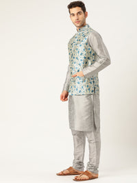 Thumbnail for Sojanya Men Grey & Blue Solid Kurta Set with Nehru Jacket - Distacart