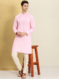 Thumbnail for House of Pataudi Men Pink & White Bandhani Printed Pure Cotton Jashn Kurta - Distacart