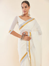 Thumbnail for Soch Off-White & Silver-Toned Zari Pure Cotton Kasavu Saree - Distacart