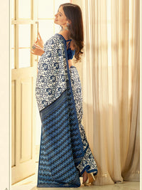 Thumbnail for Saree Mall Off White & Blue Ethnic Motifs Dabu Saree - Distacart