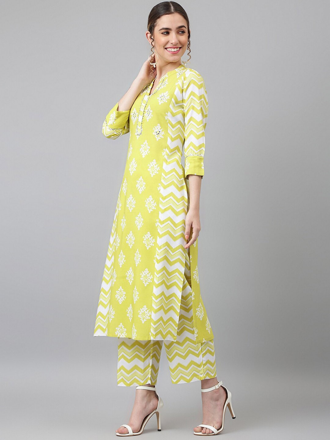 Khushal K Ethnic Motifs Printed Mirror Work Kurta with Palazzos & Dupatta - Distacart
