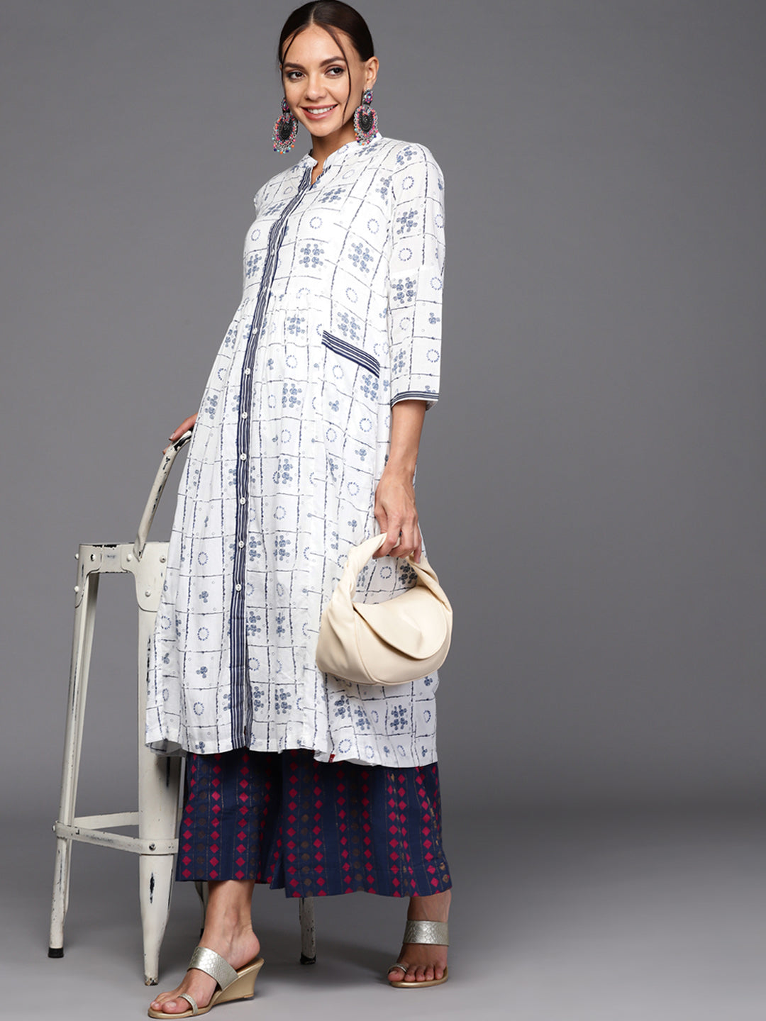Biba Women White & Navy Blue Ethnic Motifs Printed Kurta with Inner - Distacart