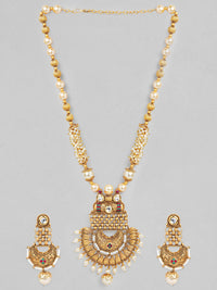 Thumbnail for Rubans Gold-Plated White & Green Stone-Studded & Pearl Beaded Handcrafted Jewellery Set - Distacart