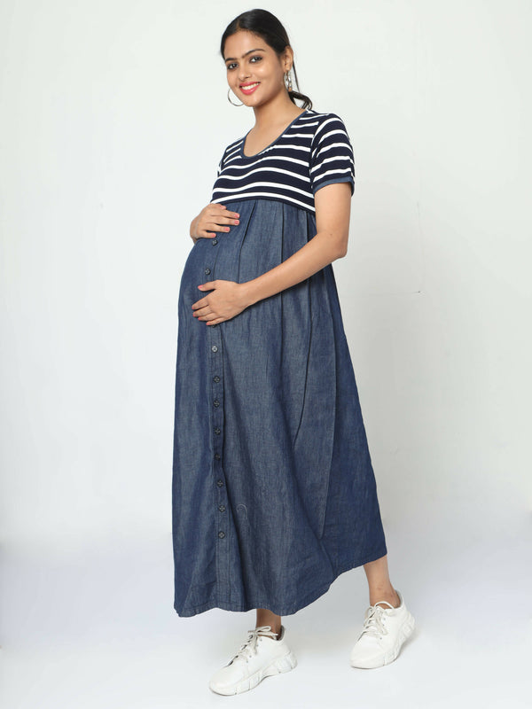 Manet Half Sleeves Maternity Dress White Striped With Concealed Zipper Nursing Access - Navy - Distacart