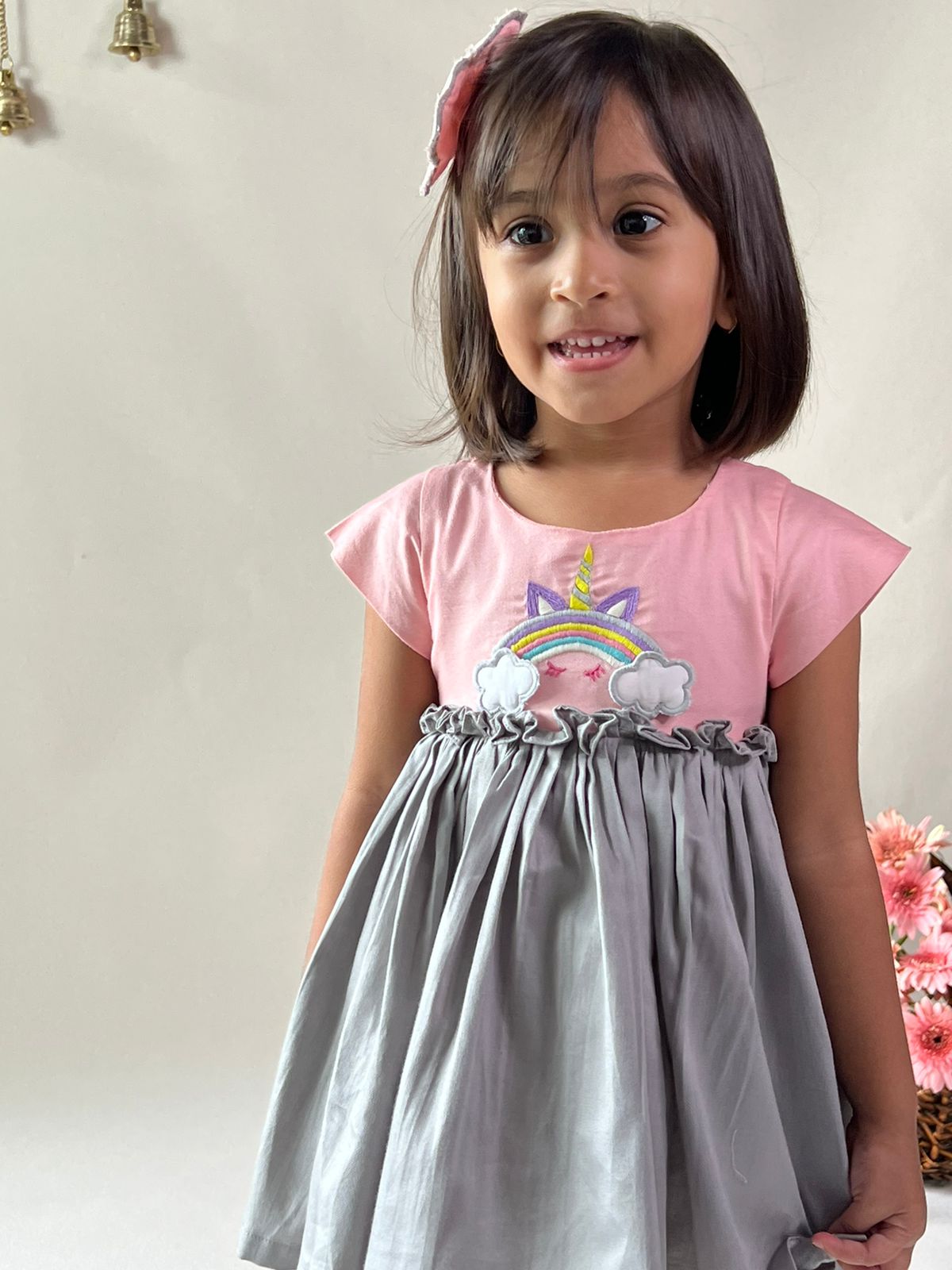 ArthLife Peach And Grey Unicorn Embroidered Dress - Distacart