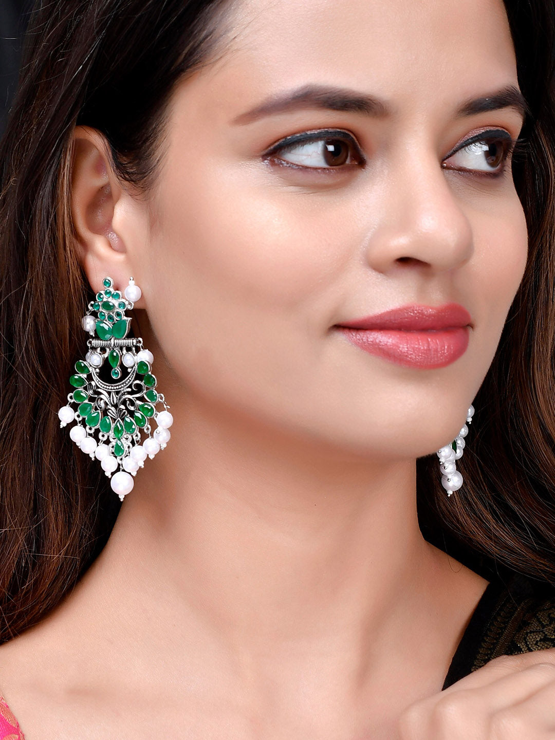 Shoshaa Silver-Plated Green Handcrafted Drop Earrings With Pearl - Distacart