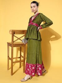 Thumbnail for InWeave Women's Olive Pink Brocade Mughal Shaan Kurta Palazzo Set - Distacart