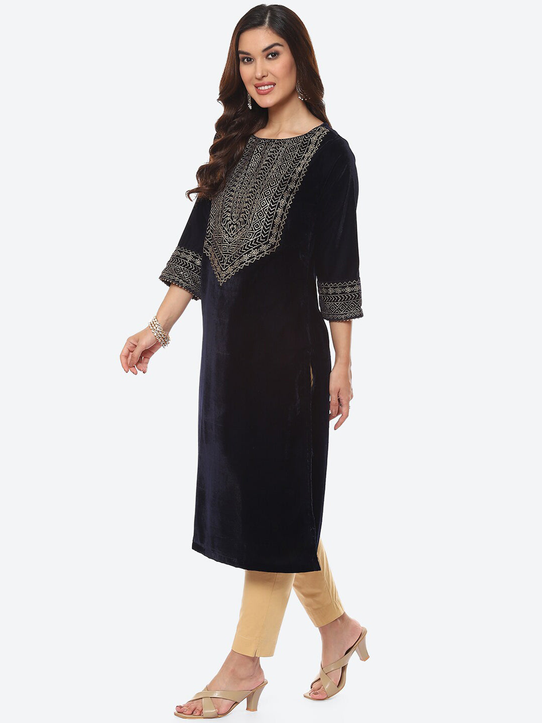 Biba Women Navy Blue Yoke Design Gotta Patti Velvet Straight Fit Kurta - Distacart