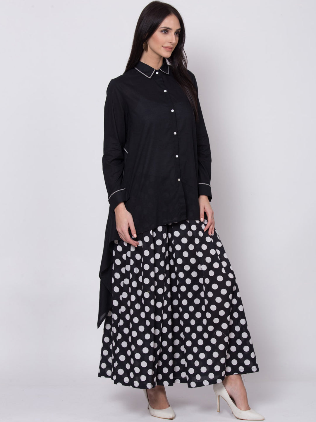 Biba Women Black & White Solid A-Line Shirt Collar Kurta - Distacart