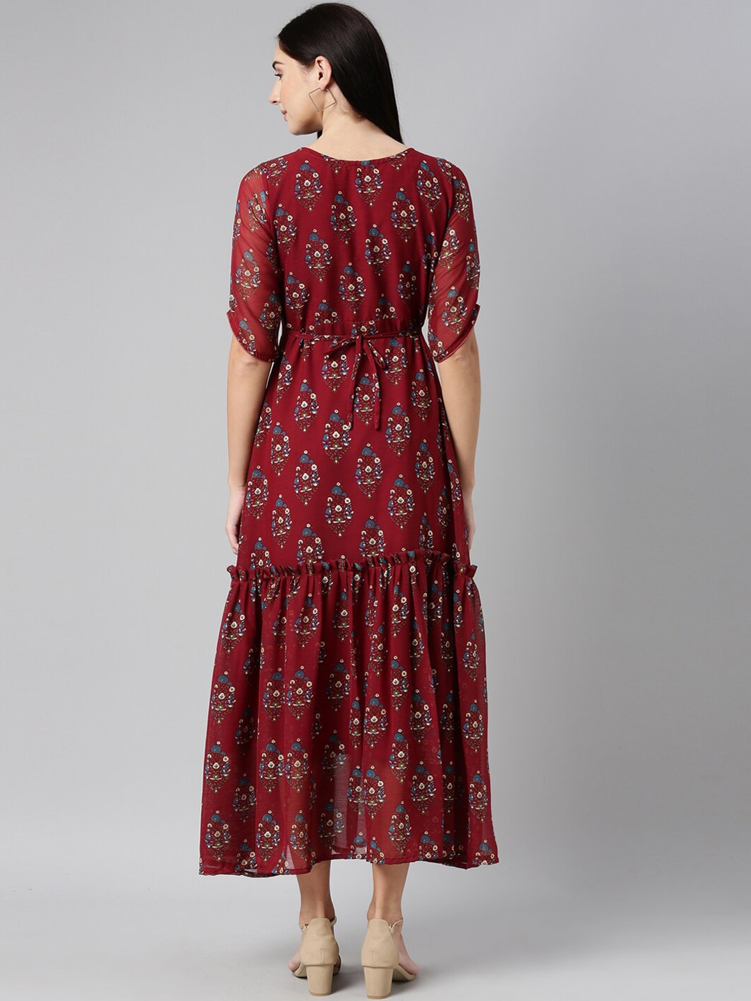 Souchii Maroon & Blue Ethnic Motifs Chiffon Maxi Dress - Distacart