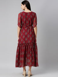 Thumbnail for Souchii Maroon & Blue Ethnic Motifs Chiffon Maxi Dress - Distacart
