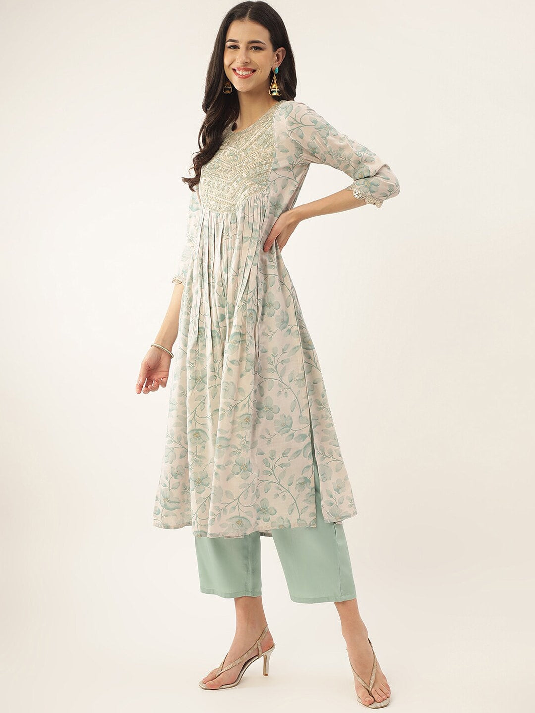 Khushal K Floral Printed Empire Thread & Mirror Work Kurta with Palazzos & Dupatta - Distacart