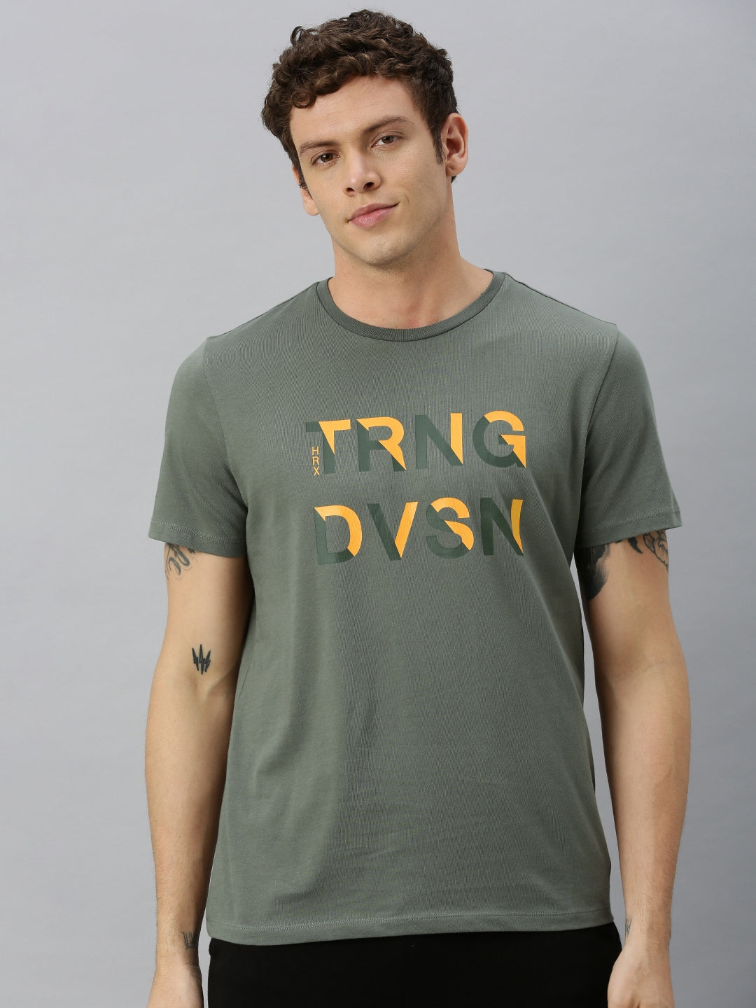 HRX by Hrithik Roshan Men Olive Green Printed Bio-Wash Training Tshirt - Distacart