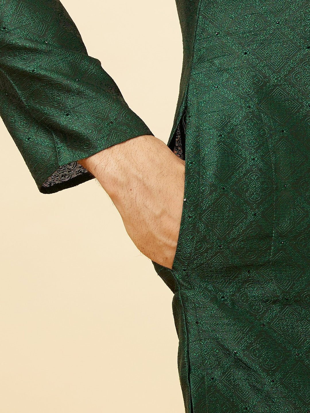 Manyavar Geometric Self Design Mandarin Collar Straight Kurta with Pyjamas - Distacart