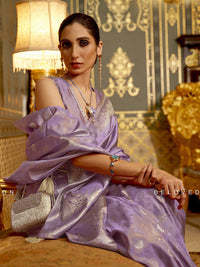 Thumbnail for Mitera Lavender & Gold-Toned Ethnic Motifs Zari Silk Blend Banarasi Saree - Distacart