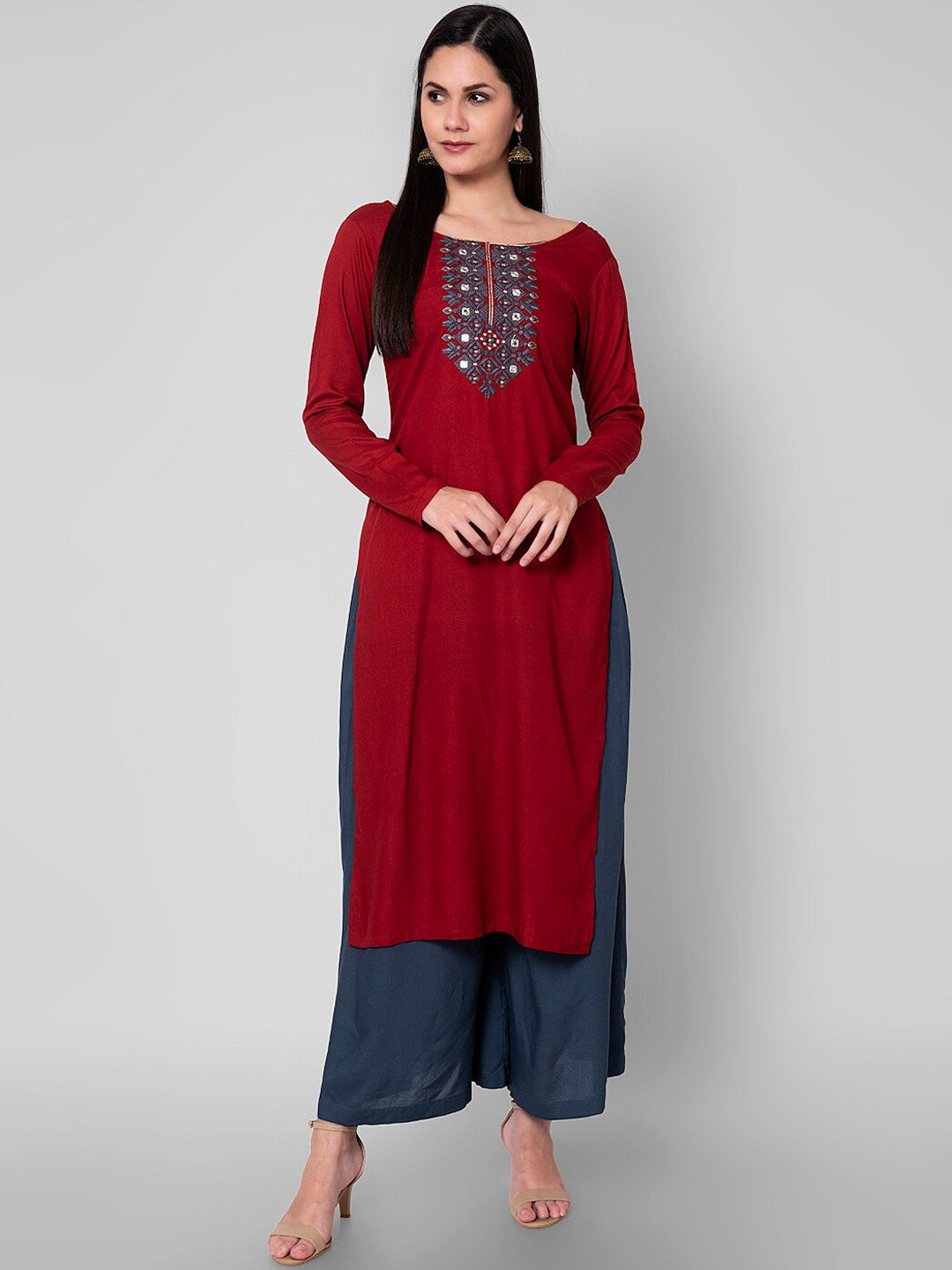 Kalini Women Maroon & blue Ethnic Motifs Embroidered Mirror Work Kurta with Palazzos - Distacart