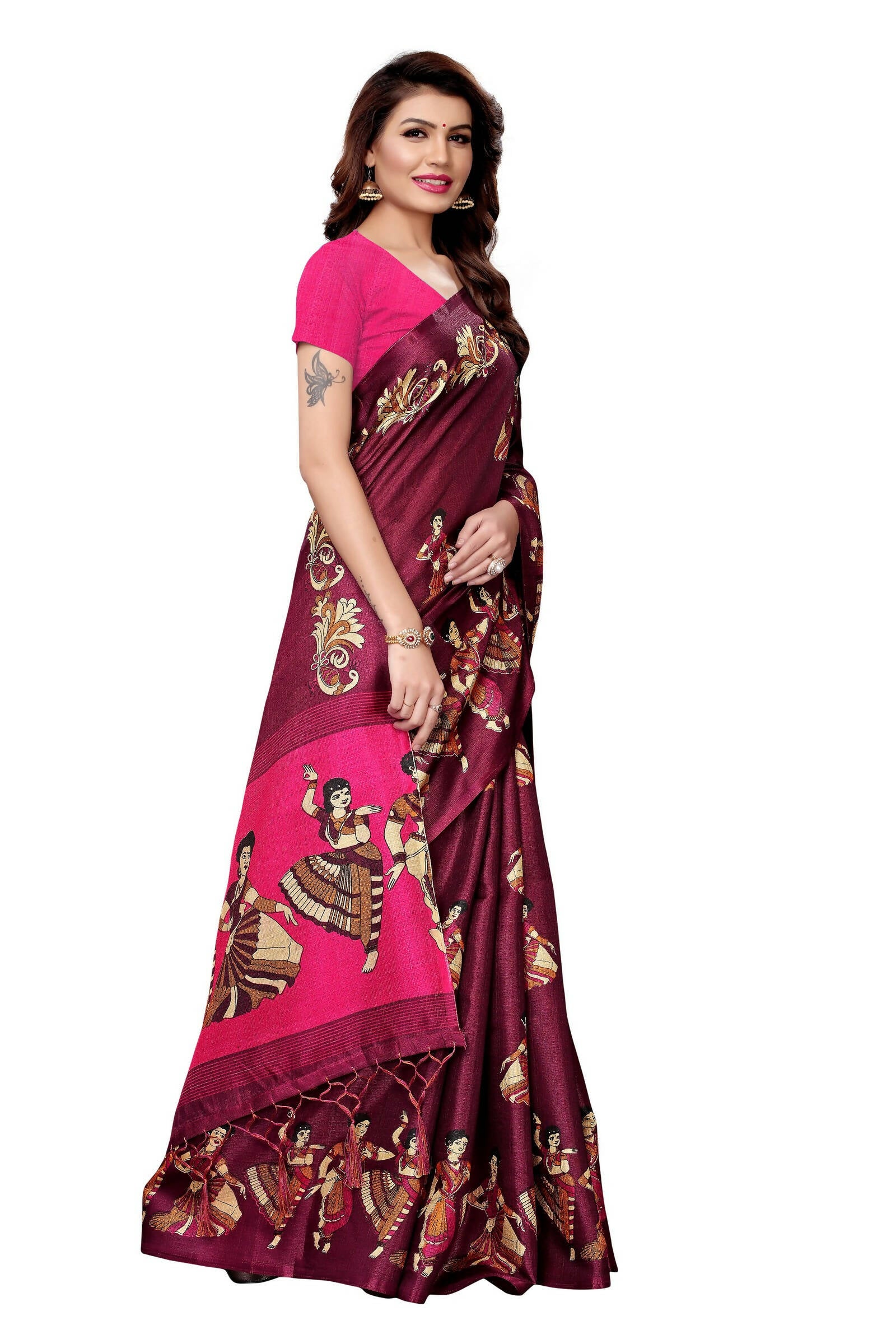 Vamika Wine Red & Pink Kalamkari With Jhalar Khadi Silk Saree - Distacart