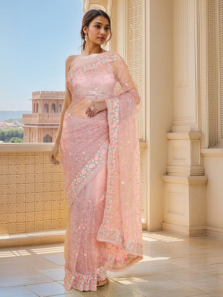 Soch Purple & Blue Floral Embroidered Net Saree - Distacart