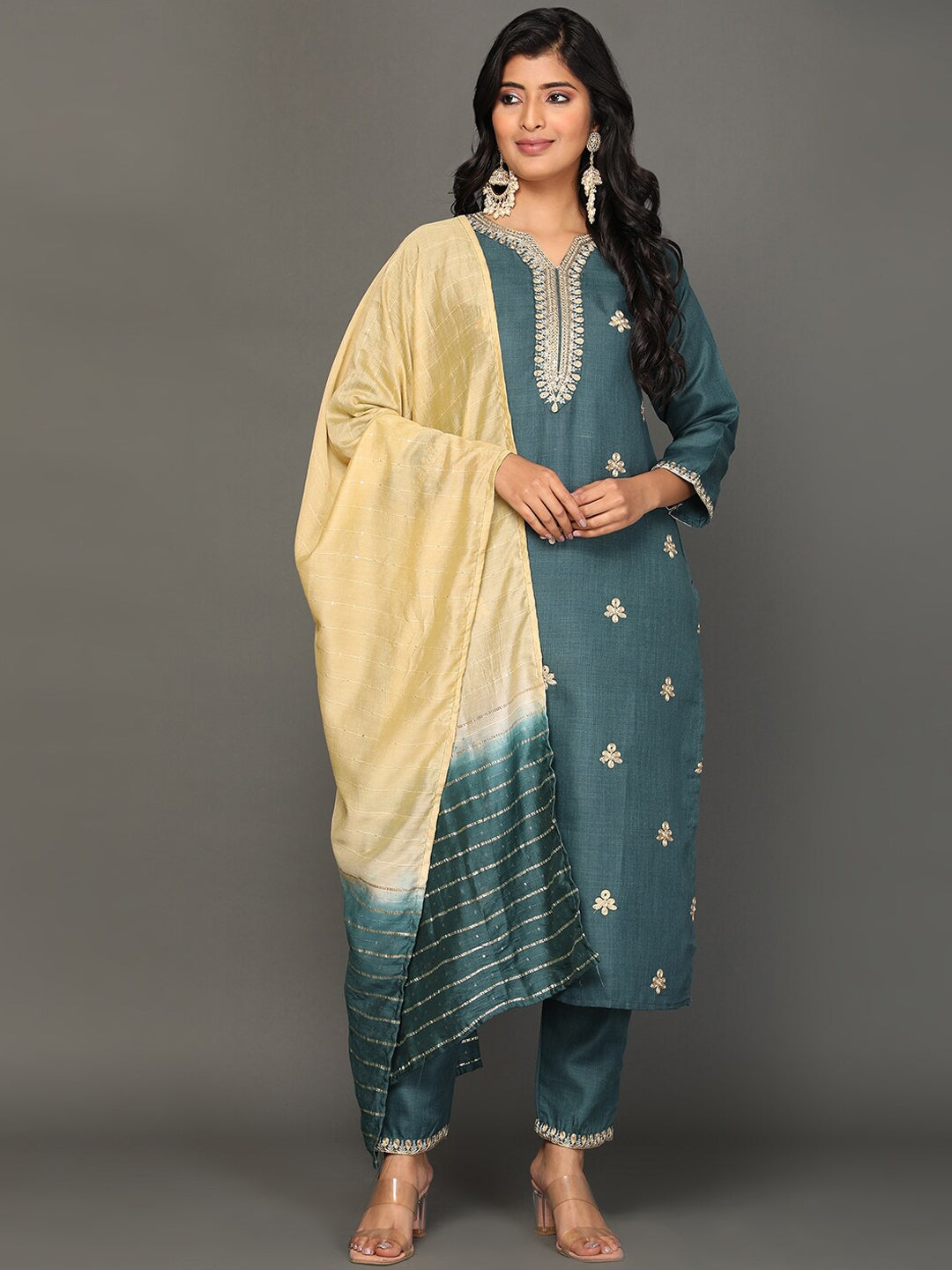 NOZ2TOZ Women's Ethnic Motifs Embroidered Zari Kurta with Trousers & Dupatta - Distacart