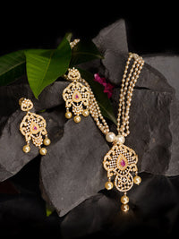 Thumbnail for Saraf RS Jewellery Gold-Plated White & Magenta American Diamond Studded Jewellery Set - Distacart