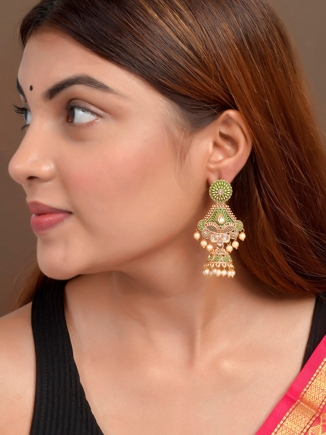 Shoshaa Green & Gold-Toned Contemporary Jhumkas Earrings - Distacart