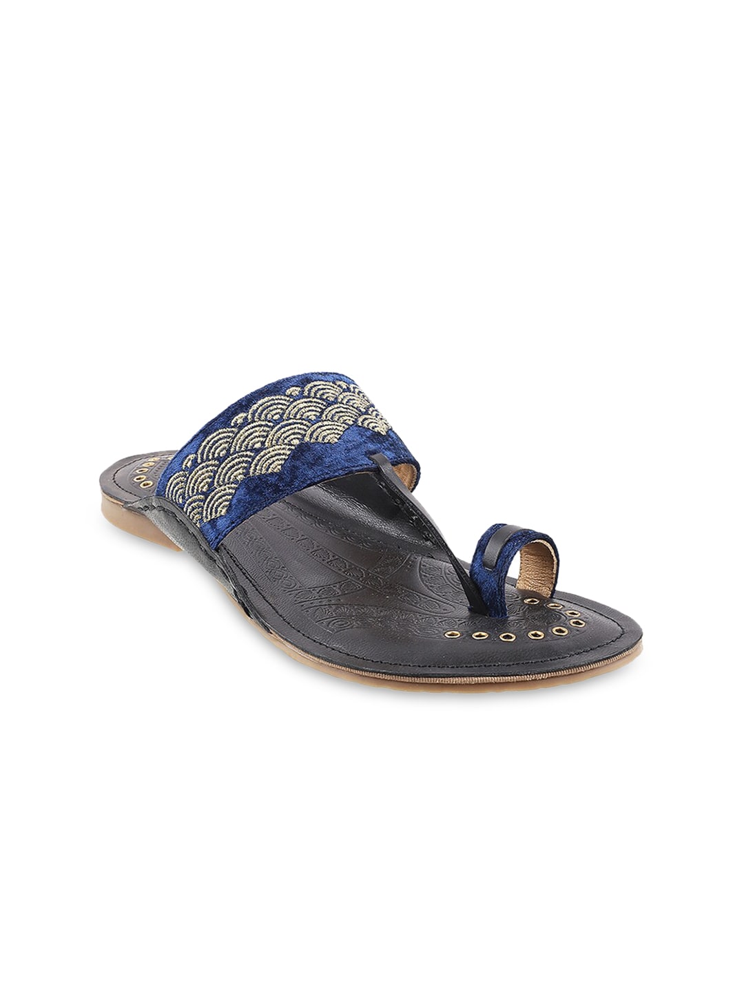 Mochi Men Blue & Gold-Toned Ethnic Leather Comfort Sandals - Distacart