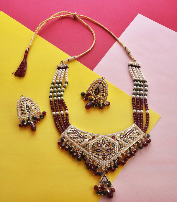 Gold-Plated Alloy Traditional Ethnic Beaded Jadau Necklace Set - The Pari - Distacart