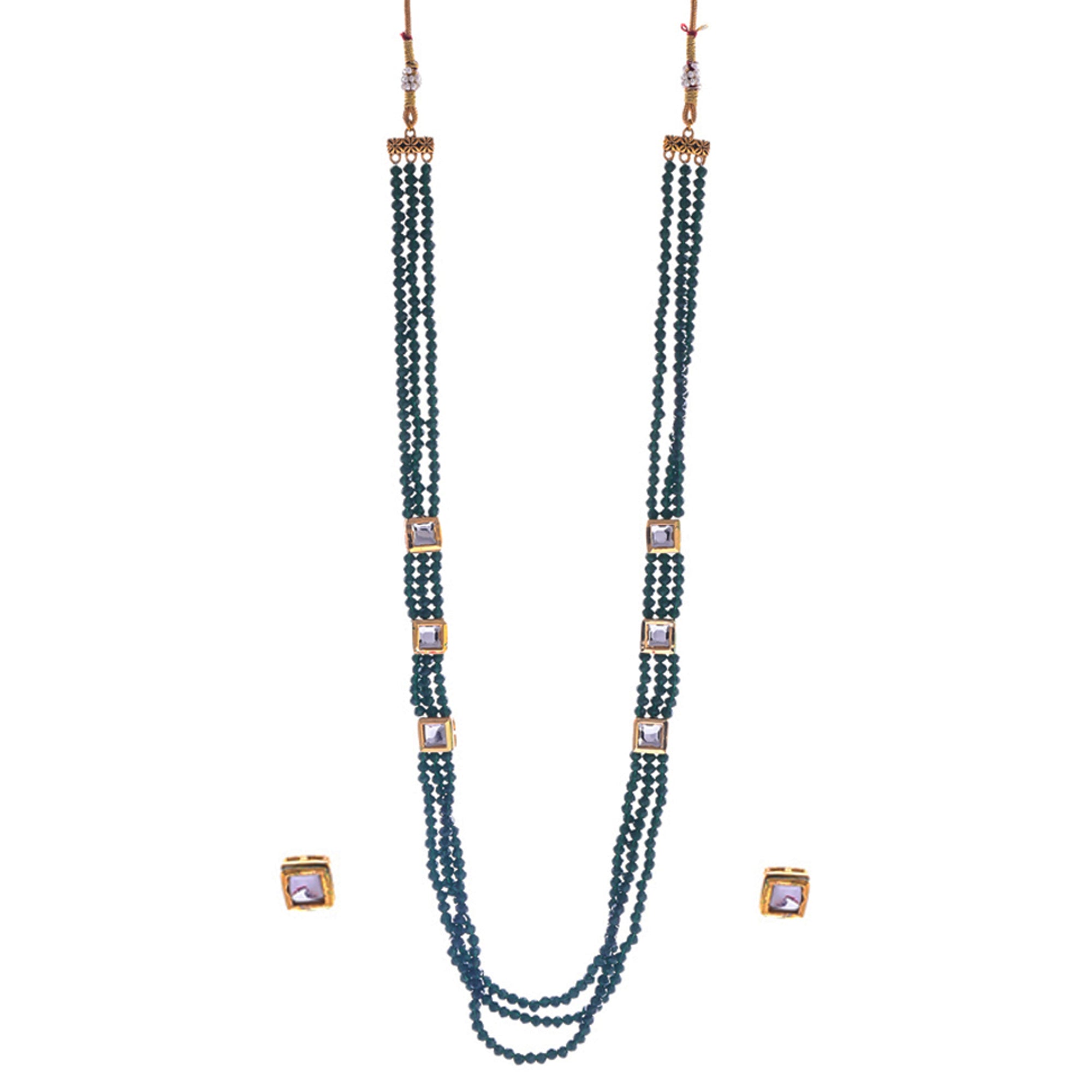 Gold-Plated Alloy Long Green Beaded Kundan Studded Classy Necklace Set - The Pari - Distacart