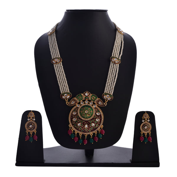 Gold-Plated Alloy Long Pearl Rani Haar Necklace With Designer Thewa Pendant Set - The Pari - Distacart