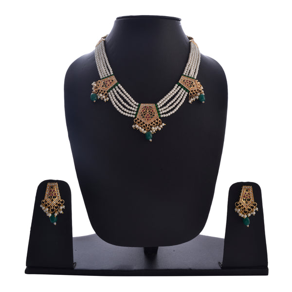 Gold-Plated Alloy Pearl Choker Set With Jadau Kundan Work Motifs - The Pari - Distacart