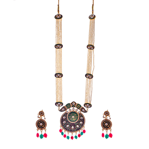 Gold-Plated Alloy Long Pearl Rani Haar Necklace With Designer Thewa Pendant Set - The Pari - Distacart