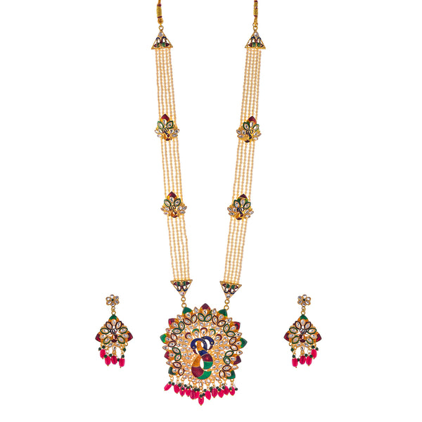 Gold-Plated Alloy Peacock Inspired Long Pearl Rani Haar Necklace With Kundan Earrings - The Pari - Distacart