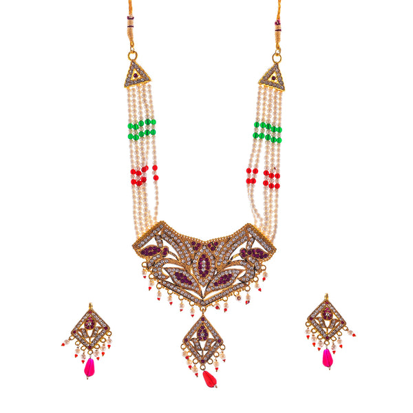 Gold-Plated Alloy Jadau Polki Studded Pearl Mala Necklace Set - The Pari - Distacart