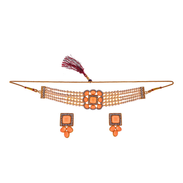 Gold-Plated Alloy Neon Square Motif Pearl Choker Necklace Set - The Pari - Distacart