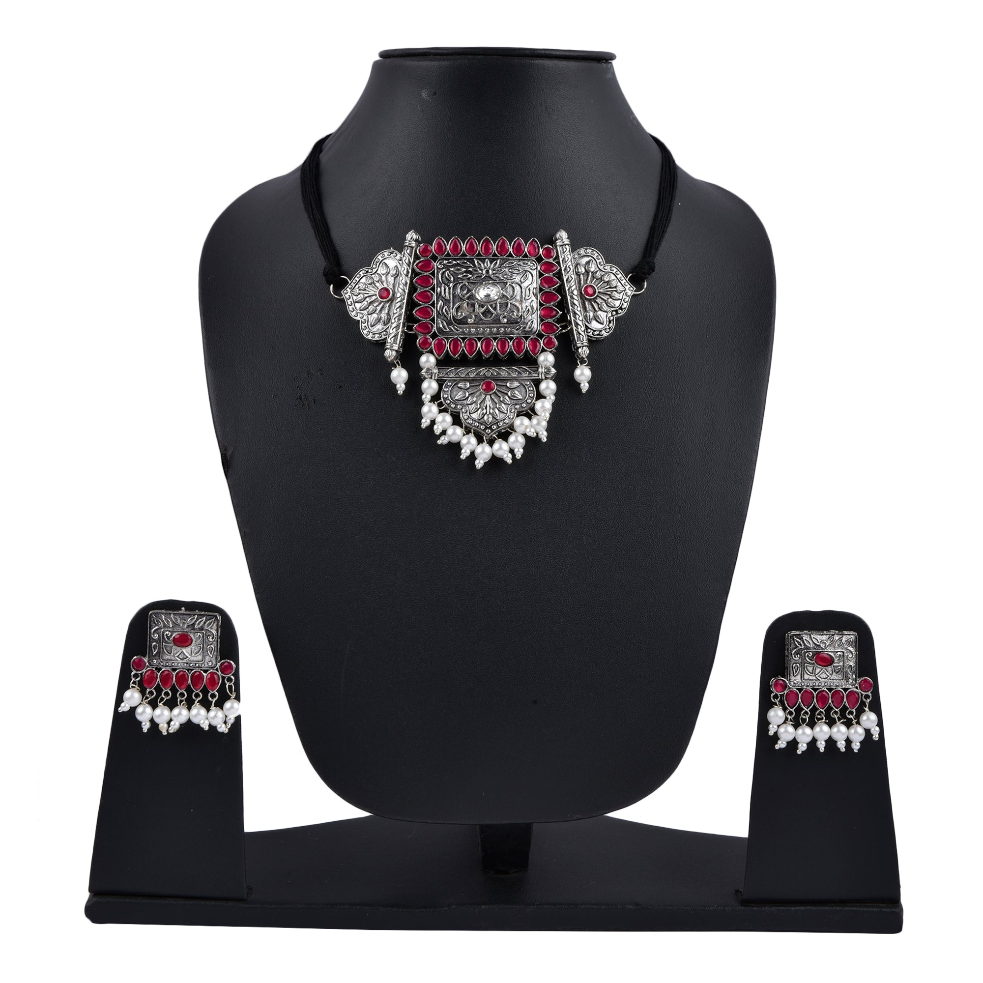 Silver-Plated Alloy Oxidised Tribal Pendant Choker Necklace - The Pari - Distacart