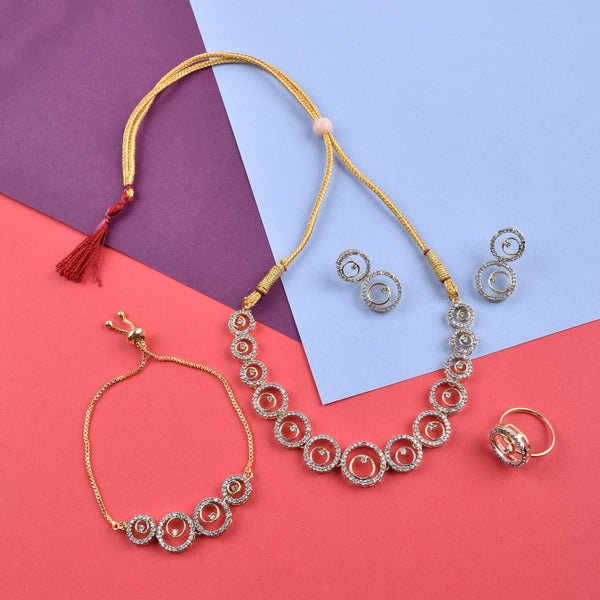 Rhodium-Plated Alloy American Diamond Circle Style Necklace With Earring Ring And Bracelet Set - The Pari - Distacart