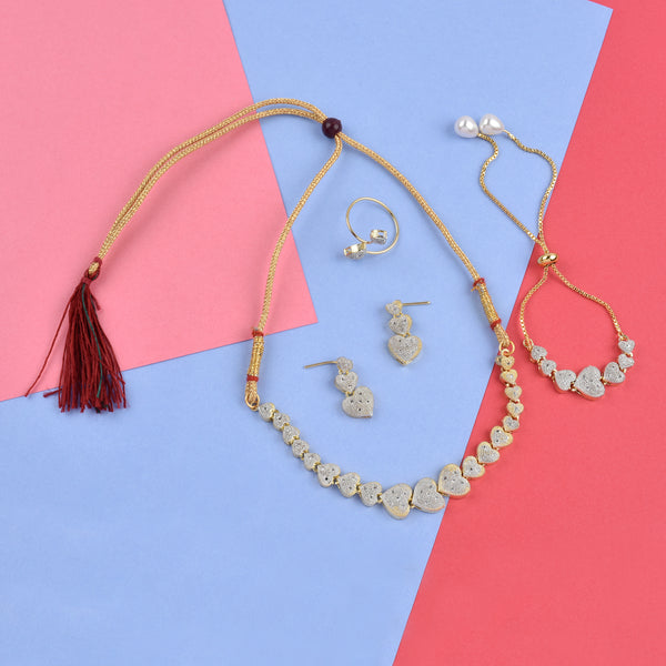 Rhodium-Plated Alloy Heart Shape Ad Necklace With Bracelet - The Pari - Distacart