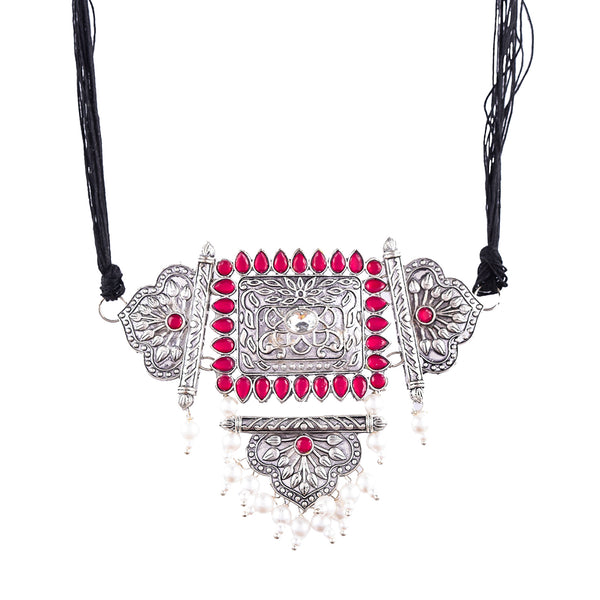 Silver-Plated Alloy Oxidised Tribal Pendant Choker Necklace - The Pari - Distacart