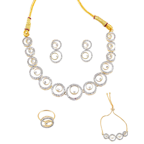 Rhodium-Plated Alloy American Diamond Circle Style Necklace With Earring Ring And Bracelet Set - The Pari - Distacart