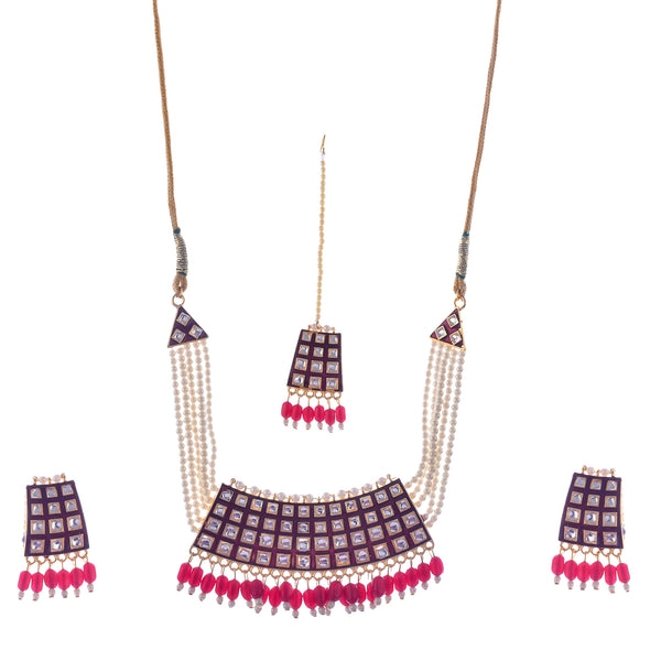 Gold-Plated Alloy Pearl Studded Kundan Choker Necklace Set With Maangtika - The Pari - Distacart