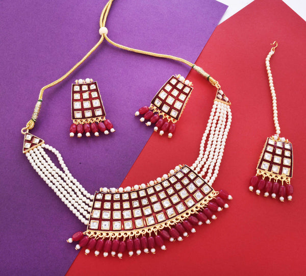 Gold-Plated Alloy Pearl Studded Kundan Choker Necklace Set With Maangtika - The Pari - Distacart