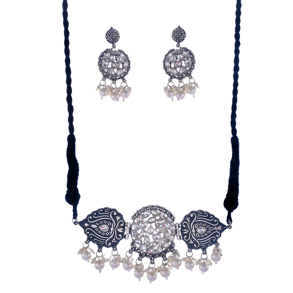 Silver-Plated Alloy Rhinestones Studded Tribal Oxidised Choker Necklace - The Pari - Distacart