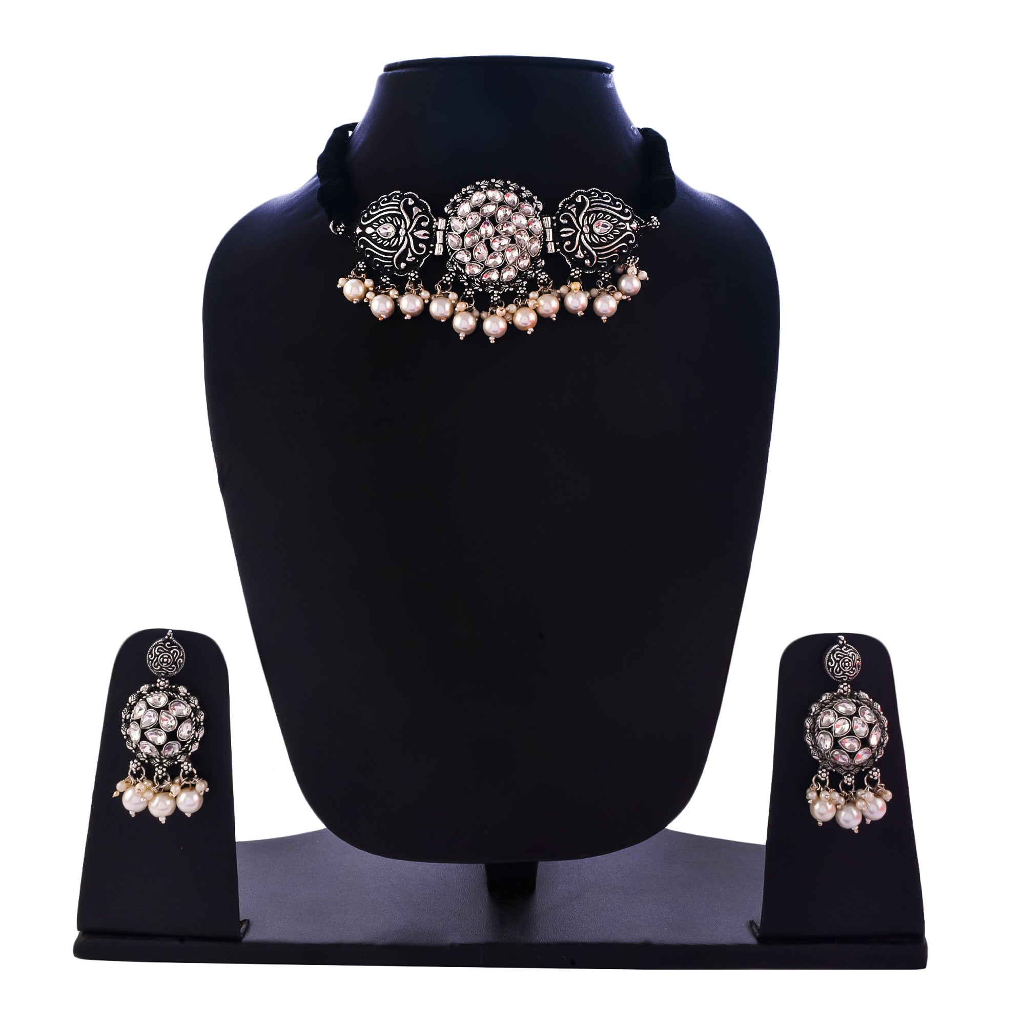 Silver-Plated Alloy Rhinestones Studded Tribal Oxidised Choker Necklace - The Pari - Distacart