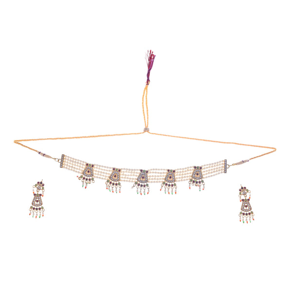 Gold-Plated Alloy Five Motif Pearl Choker Necklace - The Pari - Distacart