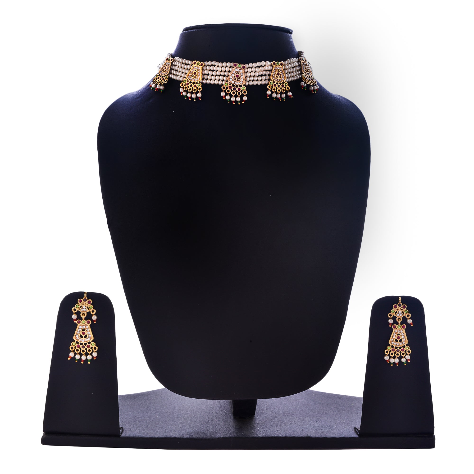 Gold-Plated Alloy Five Motif Pearl Choker Necklace - The Pari - Distacart