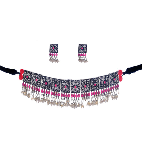 Rhodium-Plated Alloy Classy Ruby Stone Oxidised Choker Necklace - The Pari - Distacart