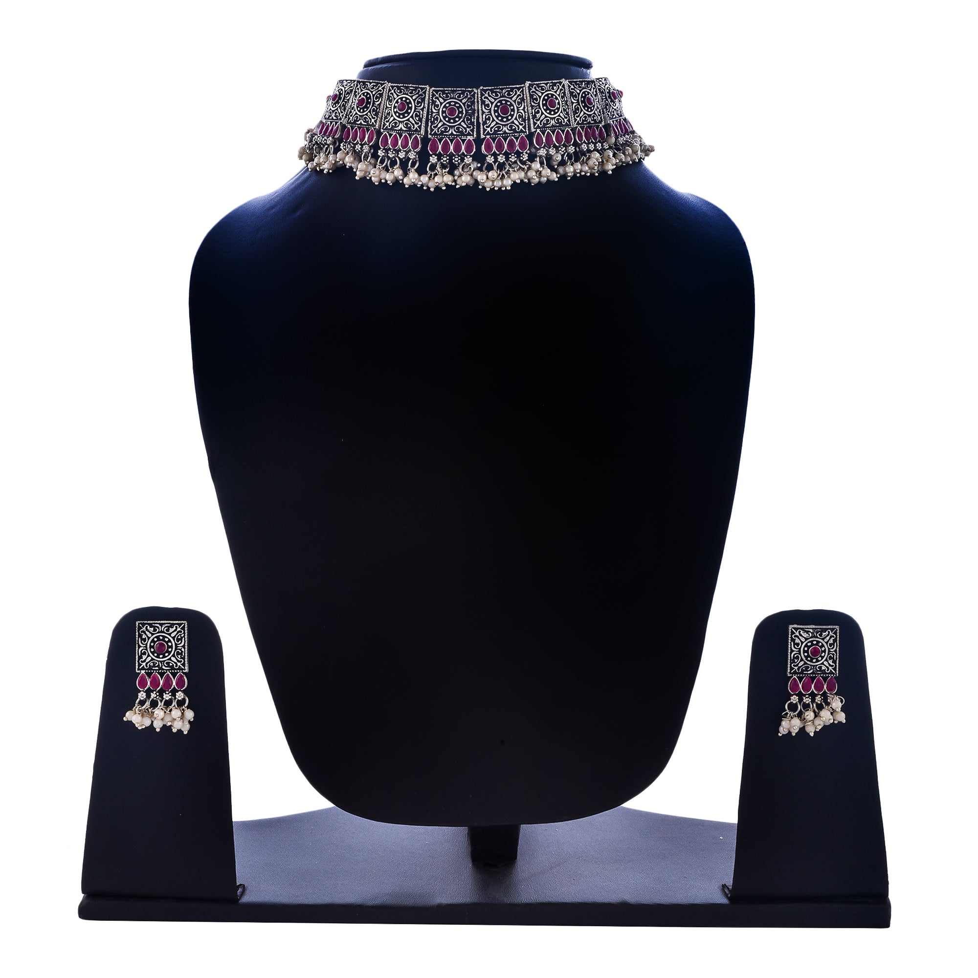 Rhodium-Plated Alloy Classy Ruby Stone Oxidised Choker Necklace - The Pari - Distacart