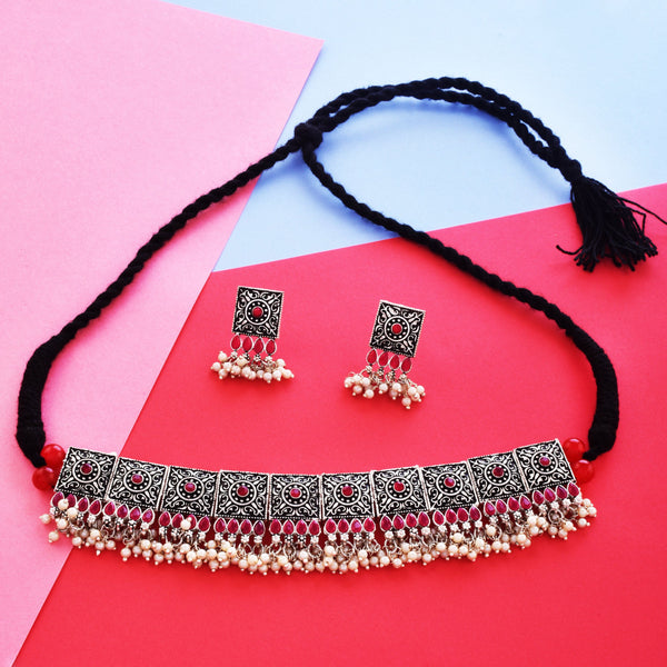 Rhodium-Plated Alloy Classy Ruby Stone Oxidised Choker Necklace - The Pari - Distacart